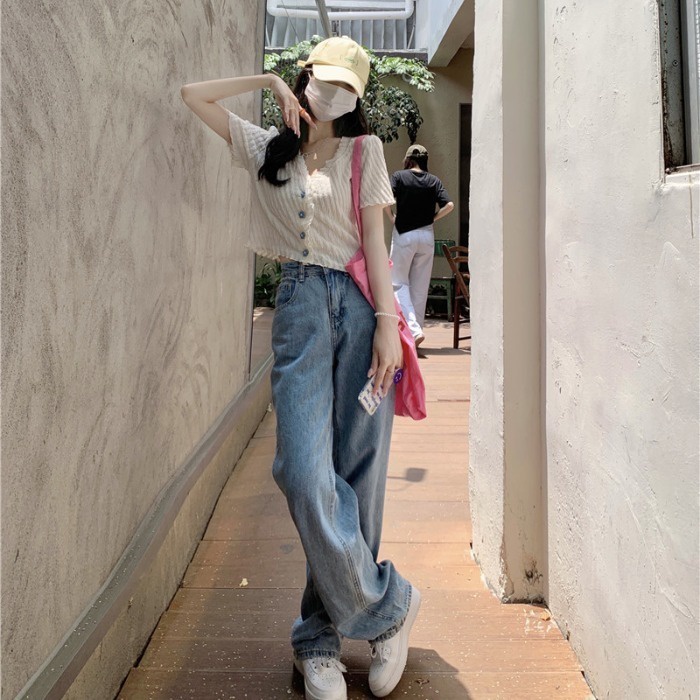 Áo cardigan ZHELIHANGFEI dệt kim viền xếp nếp tay ngắn cài nút kiểu hoa xinh xắn