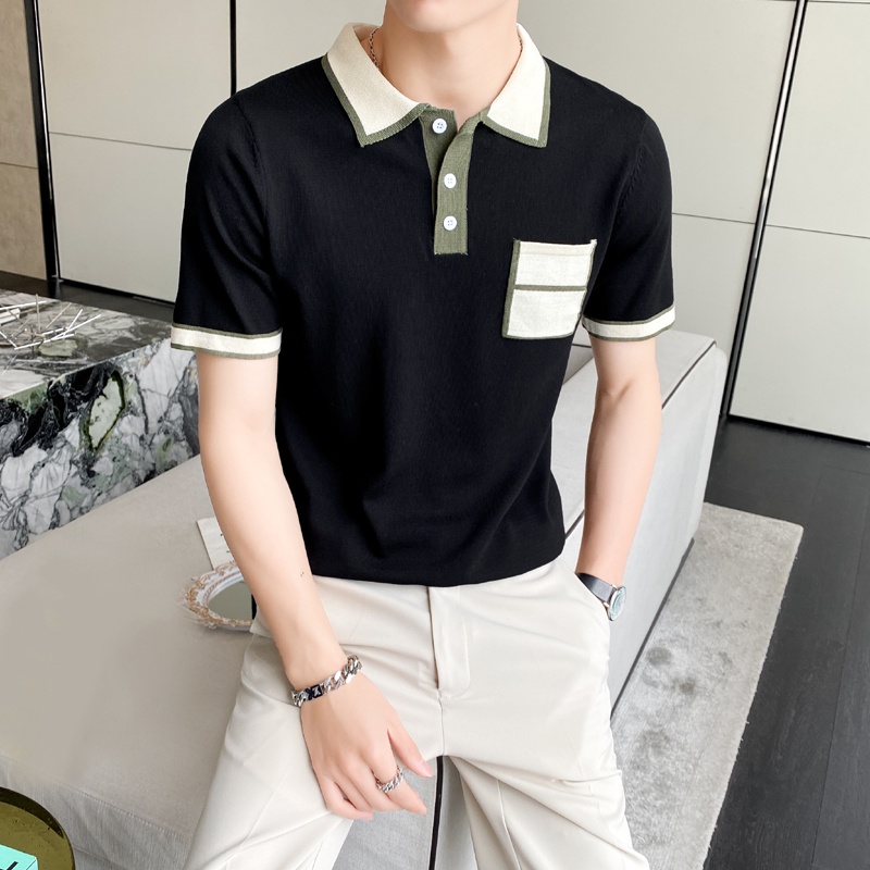 Áo Thun POLO Dệt Kim Tay Ngắn Có Túi Màu Sắc Tương Phản Dành Cho Nam