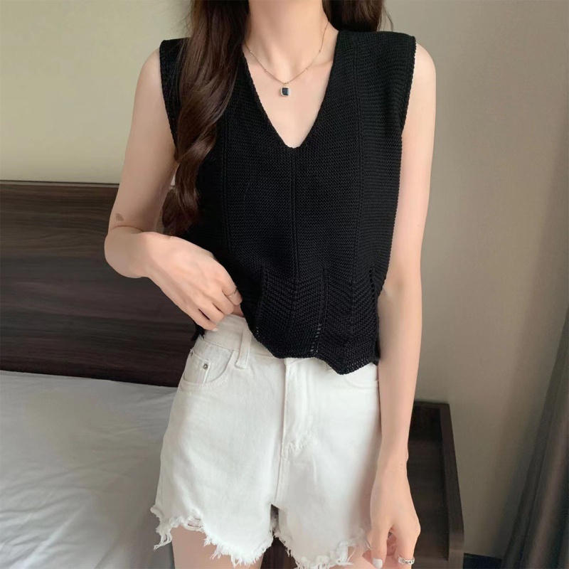 Brroa Áo Dệt Kim Sát Nách Cổ Chữ V Màu Trơn Gợi Cảm Mùa Hè Viền Lượn Sóng Cho Nữ Casu