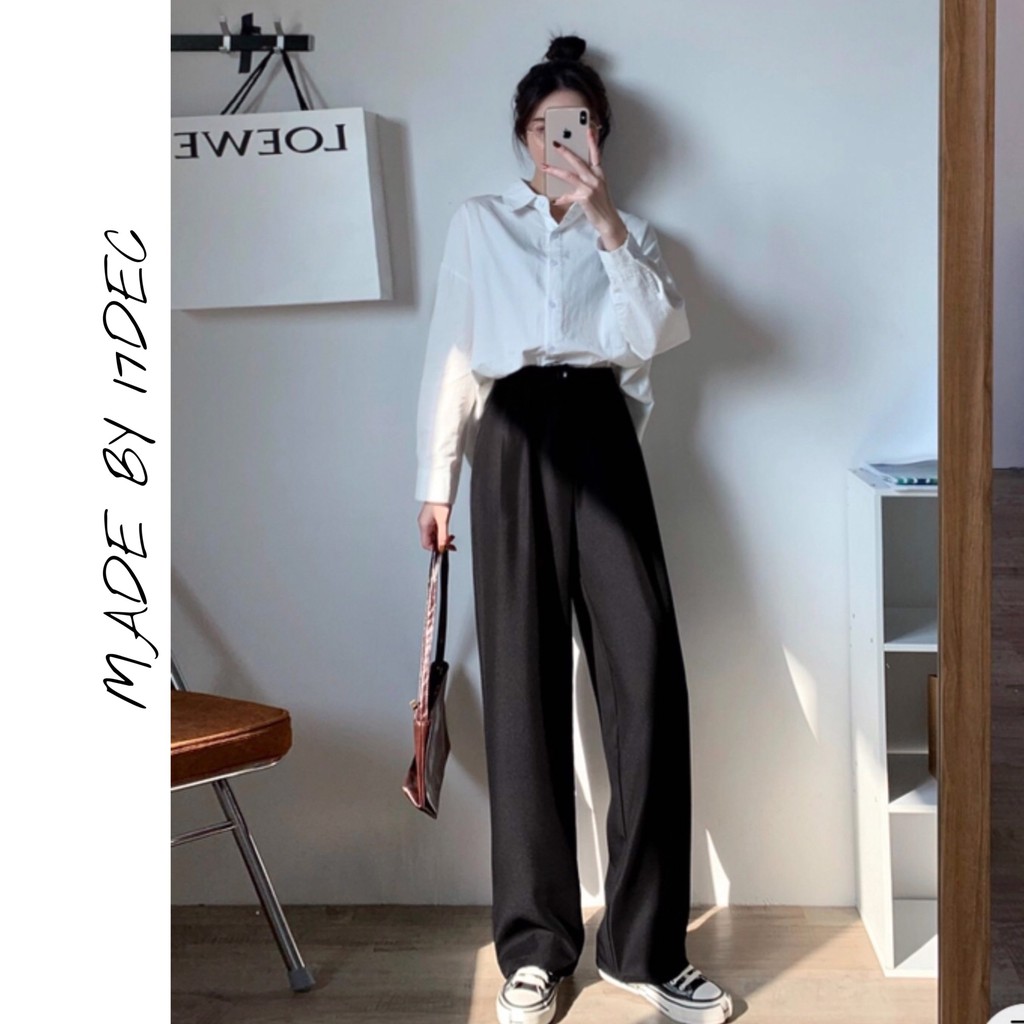 Quần ống rộng khóa hông 17DEC. Quần xuông vải dáng culottes cạp cao cho nữ