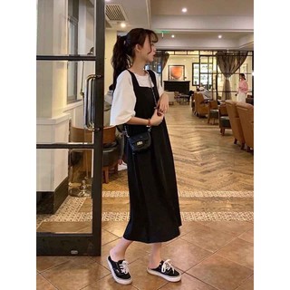 [Nhập THOI99K giảm 5k] 🔰 Váy Nữ Siêu Đẹp 🔰 Set Yếm Váy Kaki Dáng Thụng Ullazang - Yếm Dài Hàn Quốc Mix Áo Phông Tay Lỡ