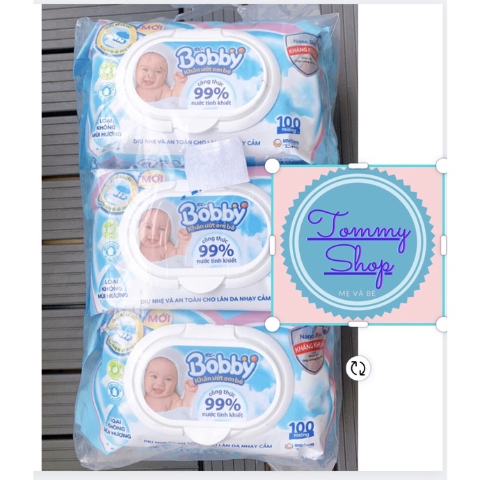 Khăn ướt Bobby 100 tờ Hồng hoặc Xanh kháng khuẩn