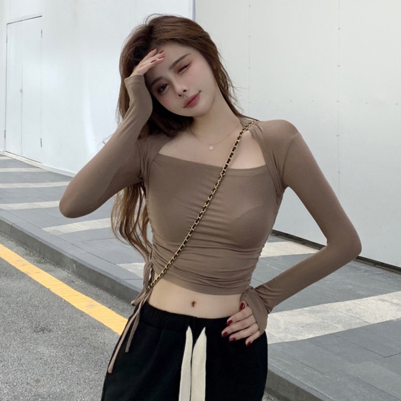 Áo Croptop Tay Dài Cổ Vuông Thiết Kế Dây Rút Phong Cách Hàn Quốc Quyến Rũ Cho Nữ
