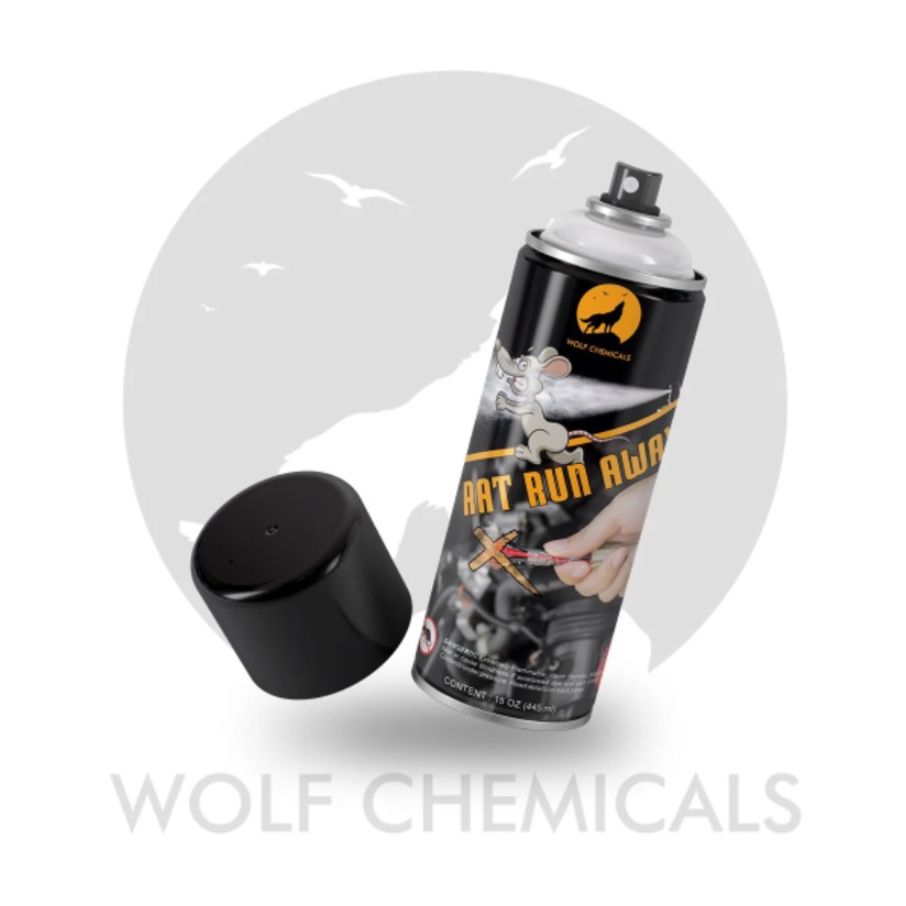 Chai xịt đuổi chuột đi xa, tránh cắn dây điện xe máy, ô tô, xịt khoang đông cơ Rat Run Away 455ml Wolf Chemicals USA