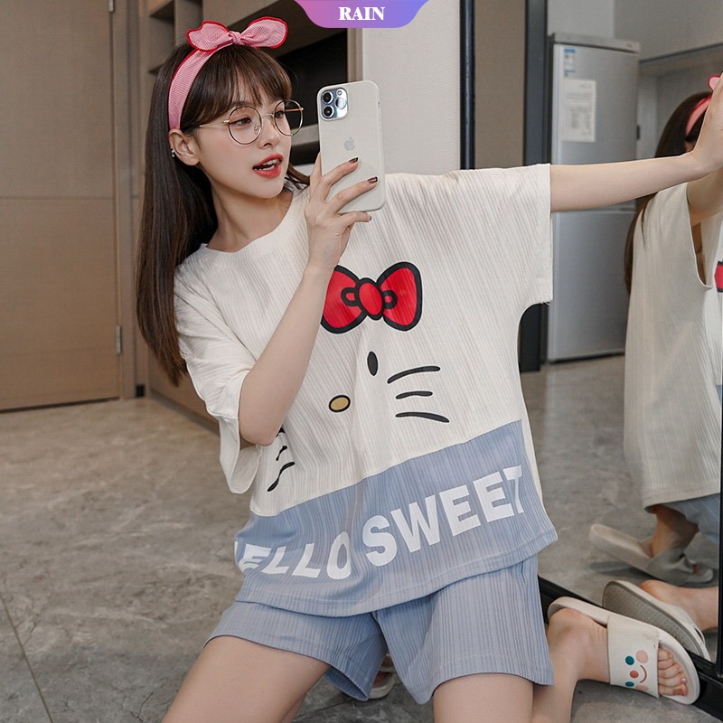 Bộ Đồ Ngủ Áo Tay Ngắn Và Quần Short Bằng Vải Cotton In Họa Tiết Hoạt Hình Hello Kitty Phong Cách Hàn Quốc Dành Cho Bạn Nữ Mặc Tại Nhà