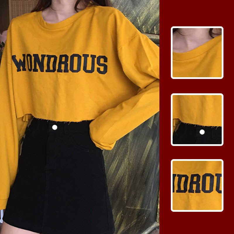 Áo Thun Croptop Tay Dài Kiểu Dáng Đơn Giản Dễ Phối Đồ Cho Nữ