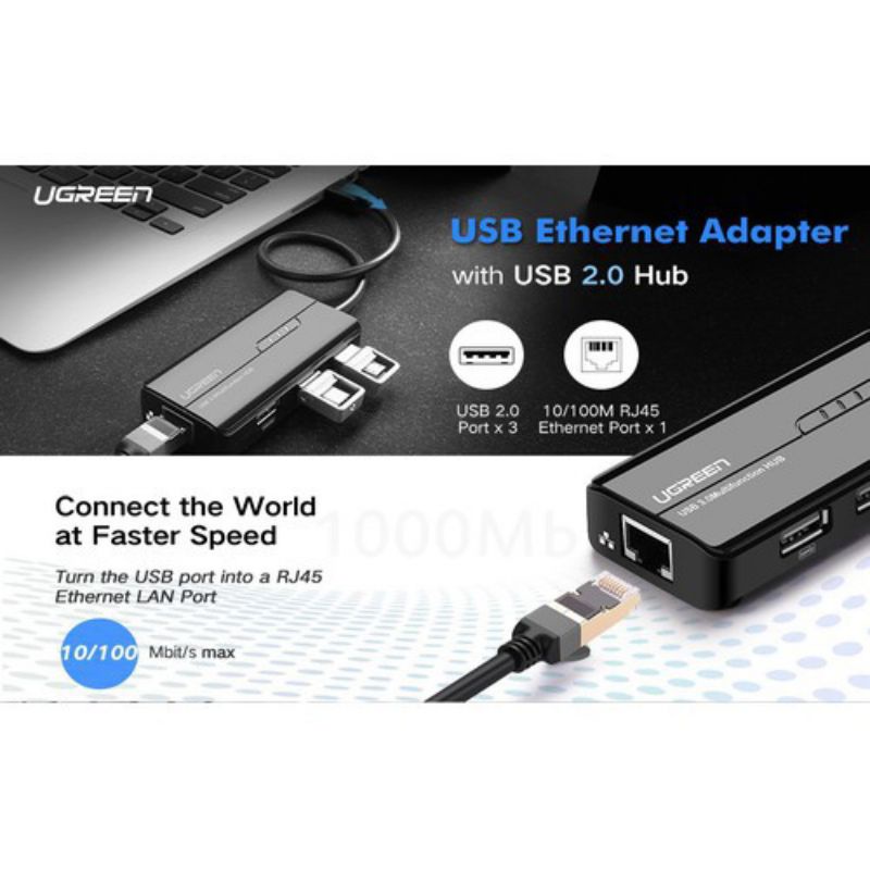 Bộ chia 3 cổng USB 2.0 kèm cổng mạng LAN 10/100/1000 Mbps cao cấp Ugreen 20264 CR103 - Hàng Chính Hãng