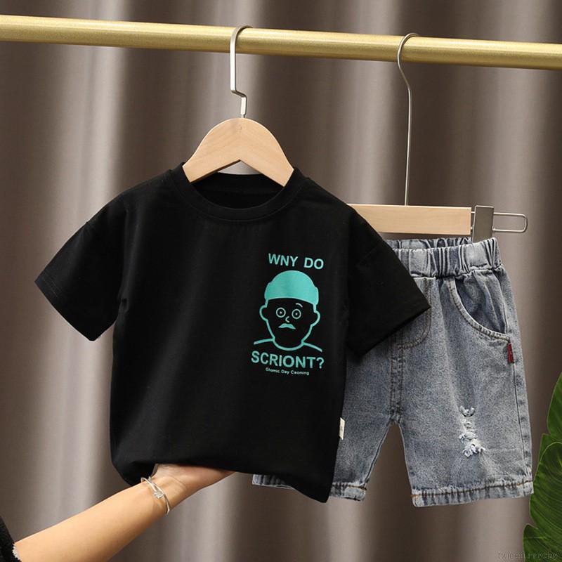 Set Áo Thun Tay Ngắn &amp; Quần Short Denim 2 Lớp Cho Bé Trai
