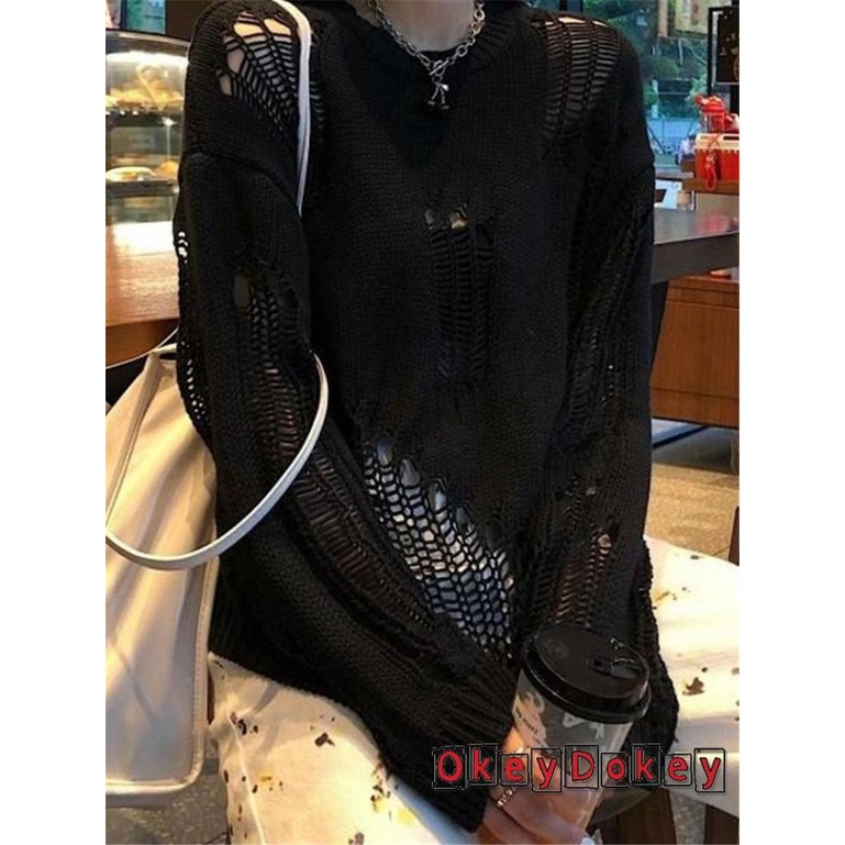 Odokey-y2k Áo Sweater Dệt Kim Chui Đầu Tay Dài Khoét Rỗng Kiểu Harajuku Gothic Mùa Thu