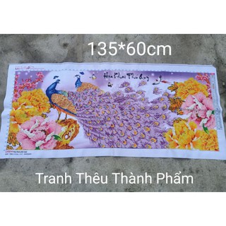 (Đã thêu) Tranh thêu hoa khai phú quý / công tím