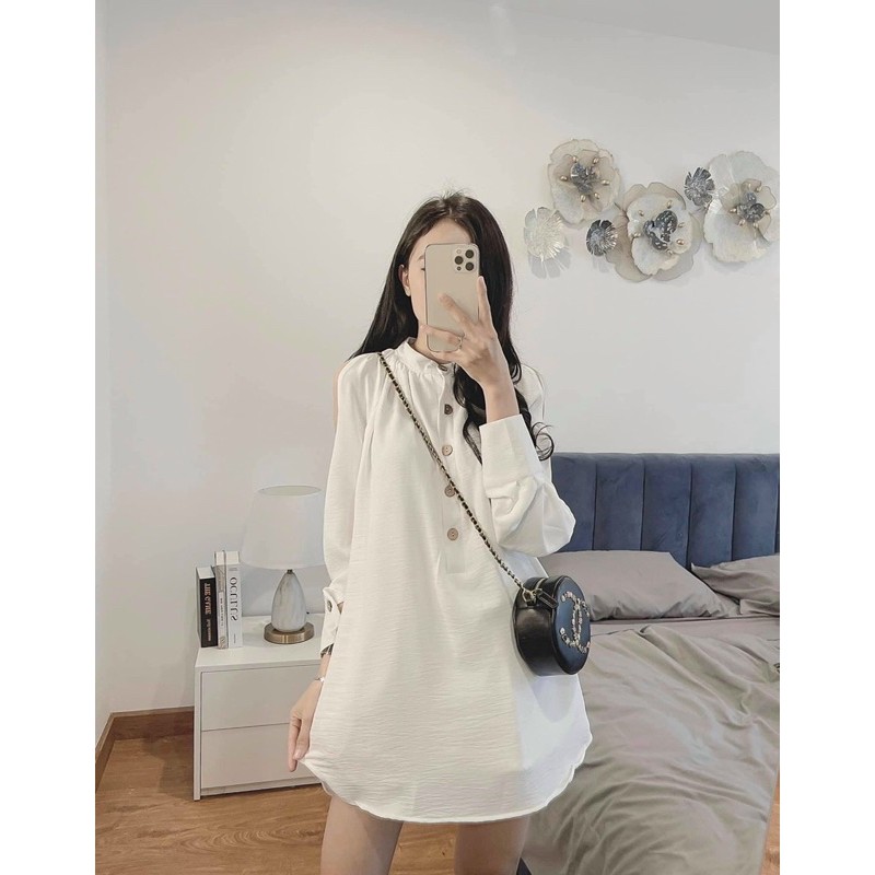 VÁY ĐŨI TRẮNG KHOÉT VAI CÚC GỖ VÁY SUÔNG | BigBuy360 - bigbuy360.vn