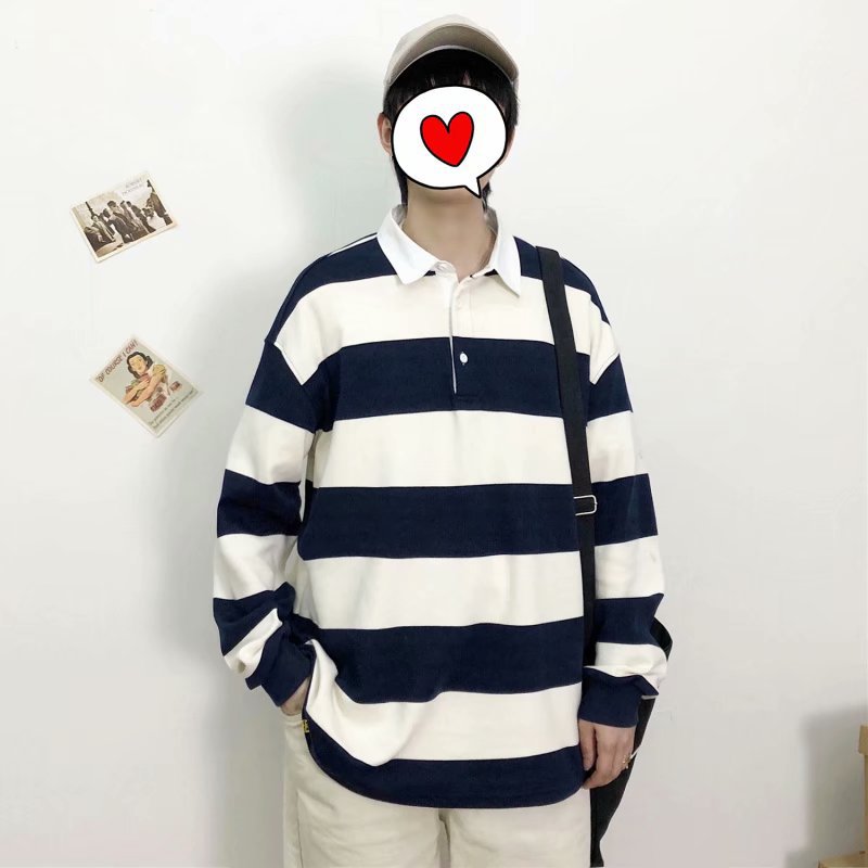 Áo Sweater Tay Dài Dáng Rộng Kẻ Sọc Kiểu Hồng Kông Thời Trang Mùa Thu Cho Nam