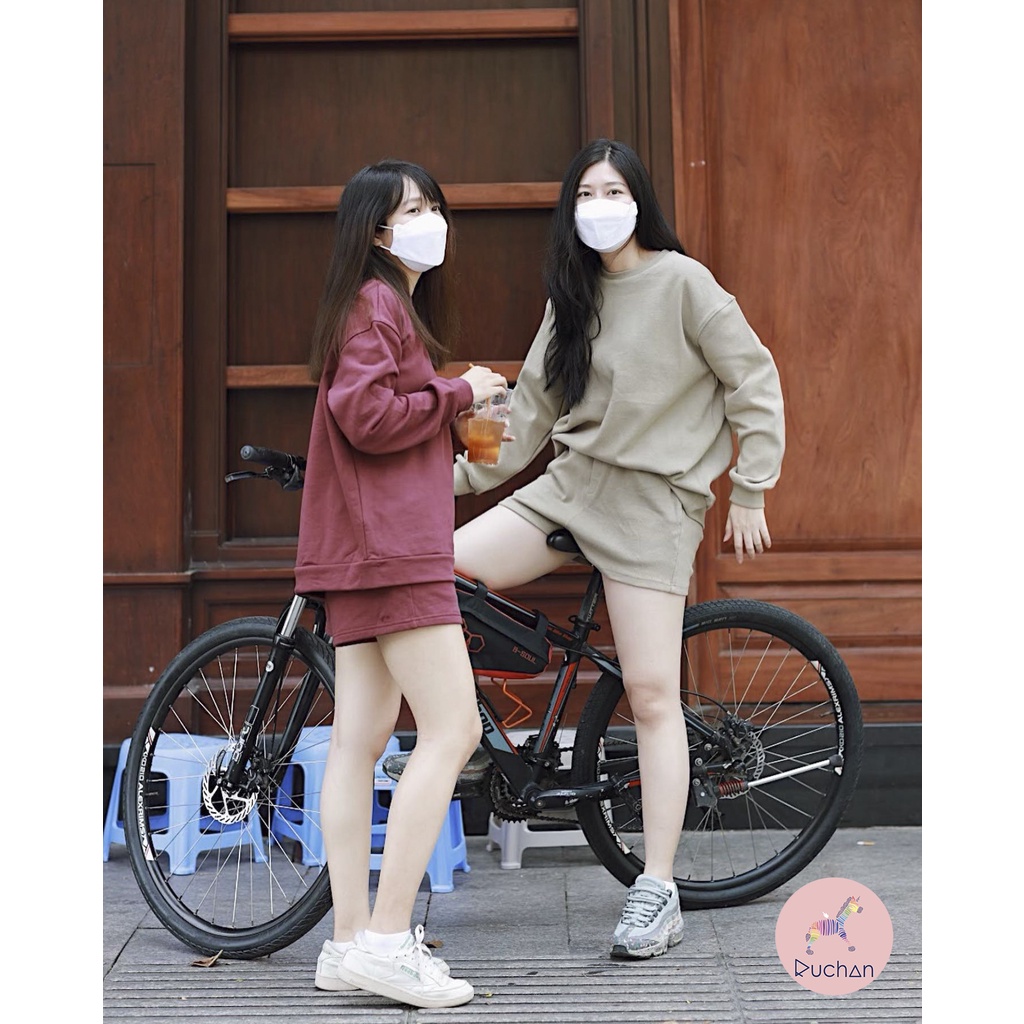 Bộ thể thao nữ thu đông RUCHAN thun hoodie form rộng tay dài set đồ nữ đi chơi sang chảnh kèm quần ngắn dễ thương