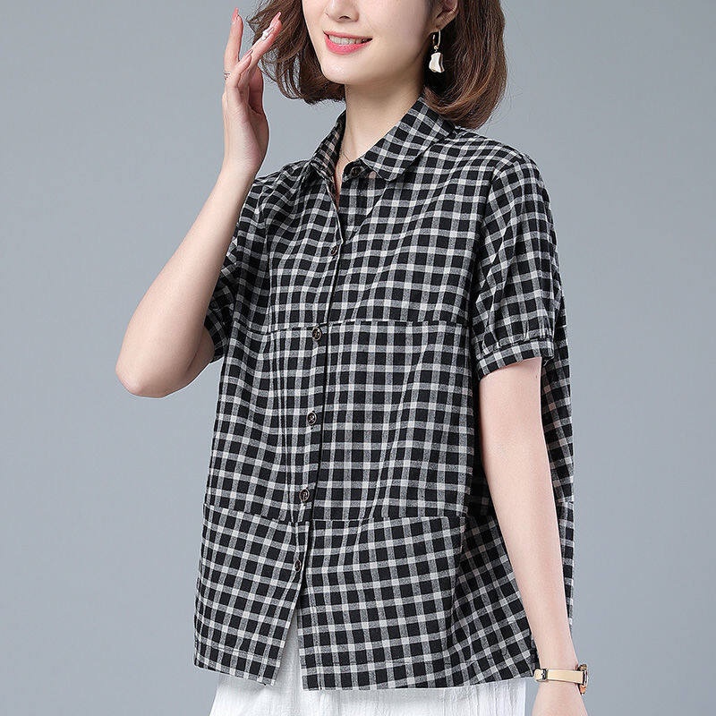 Áo Sơ Mi Tay Ngắn Dáng Rộng Họa Tiết Sọc Caro Thiết Kế Mới Thời Trang Mùa Hè Dành Cho
