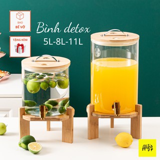 Bộ bình thủy tinh chịu nhiệt có vòi inox kèm kệ gỗ, bình detox thủy tinh cao cấp