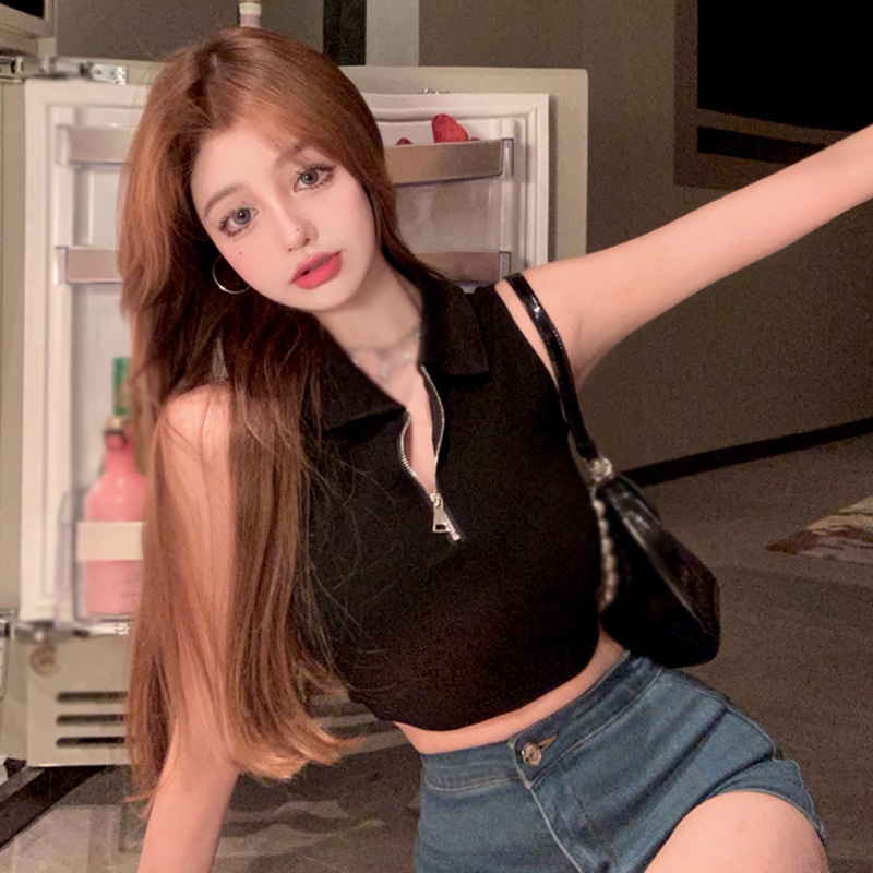 Áo Croptop Dệt Kim Sát Nách Phối Khóa Kéo Trước Thời Trang Mùa Hè Quyến Rũ Cho Nữ