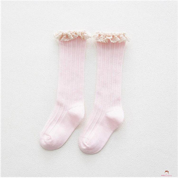 XZQ7-1-8 Years Breathable Toddlers Mid-calf Length Socks, Spring Autumn Sweet Style Little Girls Lace Decoration Knee-high Stockings