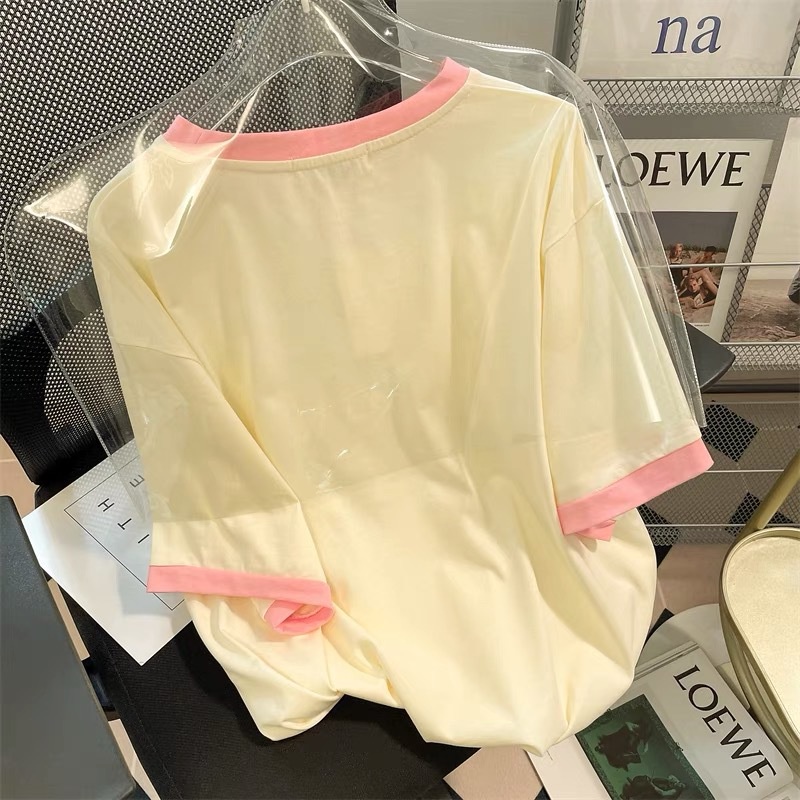 Áo Thun Dáng Rộng Màu Sắc Tương Phản Dễ Phối Đồ Thời Trang Mùa Hè Phong Cách Hàn Quốc Cho Nữ