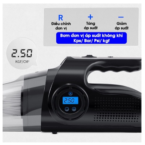 Máy Hút Bụi Kiêm Bơm Lốp Ô Tô DC12V 4 in 1 – Hút Bụi, Bơm Lốp Ô Tô, Đèn Chiếu Sáng, Đo Áp Suất Lốp