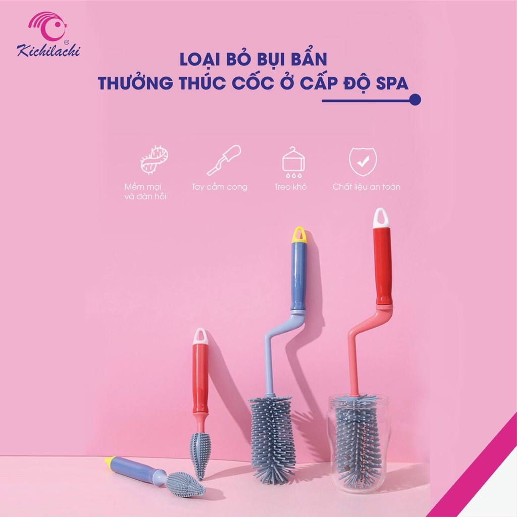 Bộ cọ silicon, cọ rửa bình sữa, núm vú 3 chi tiết cho bé cao cấp Kichilachi tay cầm xoay 360 độ