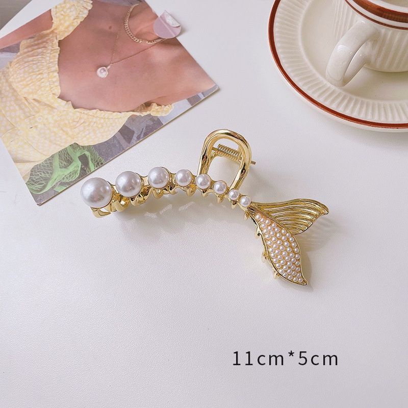 Kẹp tóc càng cua kim loại đuôi cá đính ngọc phong cách hàn quốc