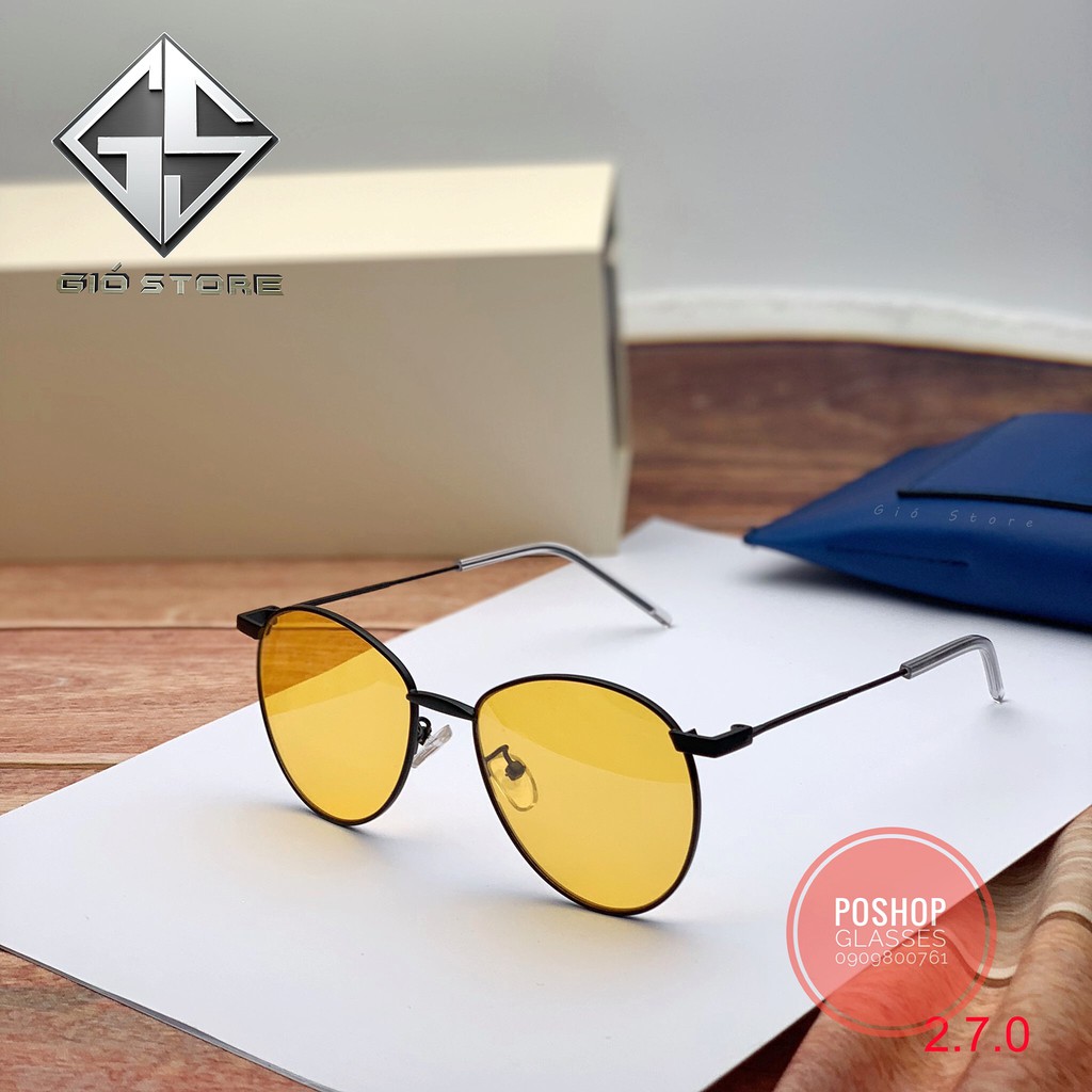 Mắt kính thời trang nam nữ cao cấp FERADO, Gọng kính tròn chống tia UV400 vàng cam đi đêm (tặng kèm hộp đựng kính)