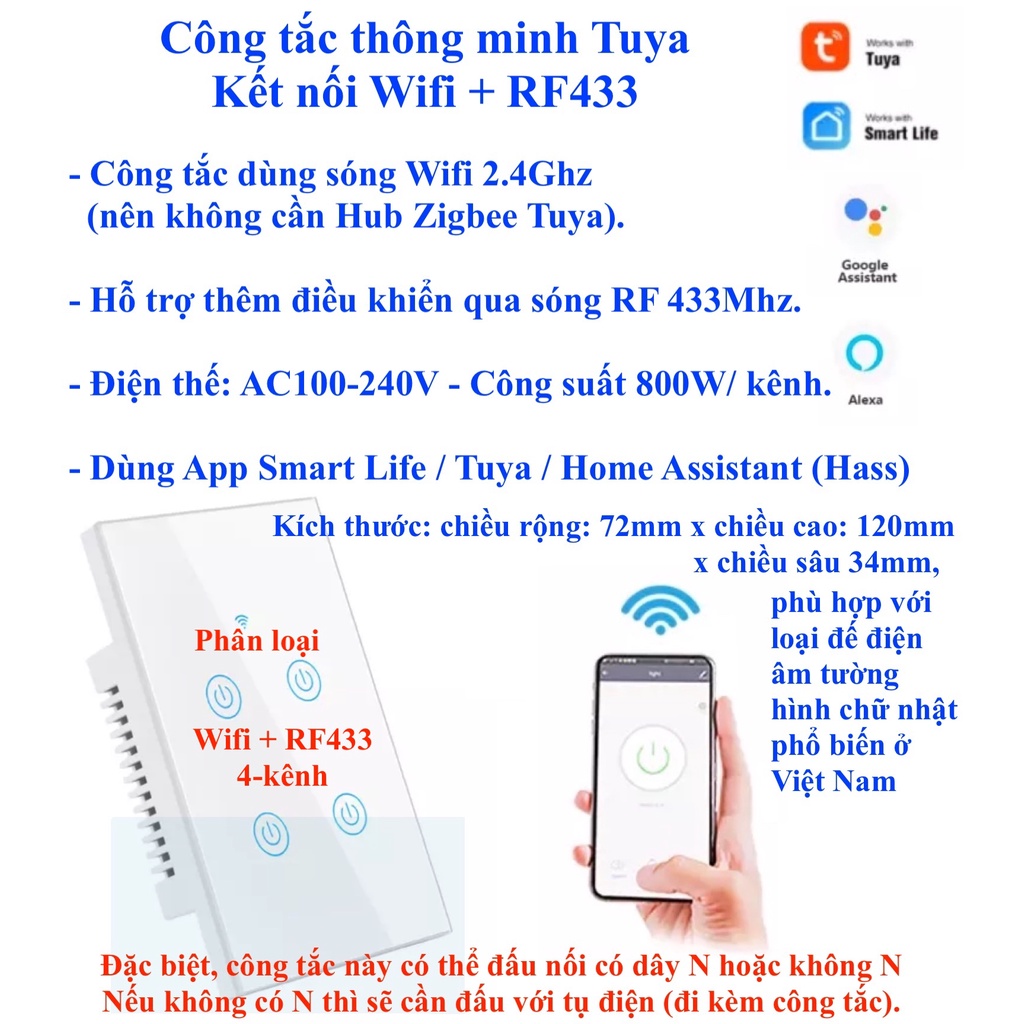 Công tắc thông minh Tuya Basic, kết nối Wifi, Zigbee, RF433, App Smart Life hoặc Tuya.