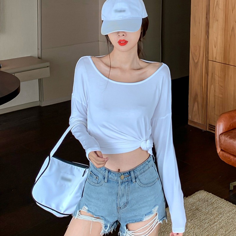 Áo Thun Hở Lưng Tay Dài Cổ Tròn Màu Trơn Cho Nữ