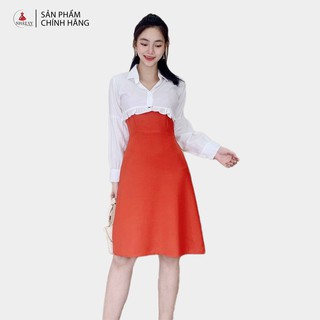 Đầm Nữ NHẬT VY 2 Dây Phối Áo Khoác Ngắn Chất Cotton Mịn Đi Chơi Màu Đen, Cam - D1749