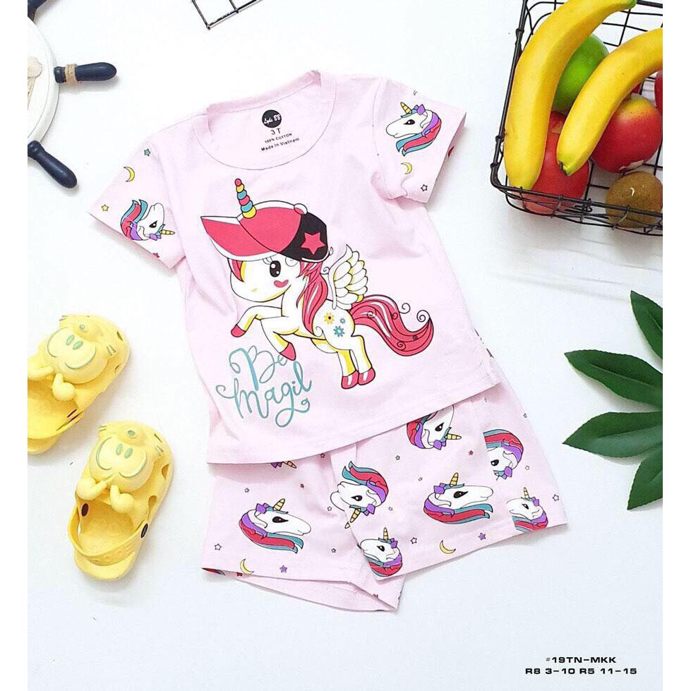 Bộ thun cotton ngắn tay LydoBb in hình ngựa Pony cho bé gái size 12 đến 28kg