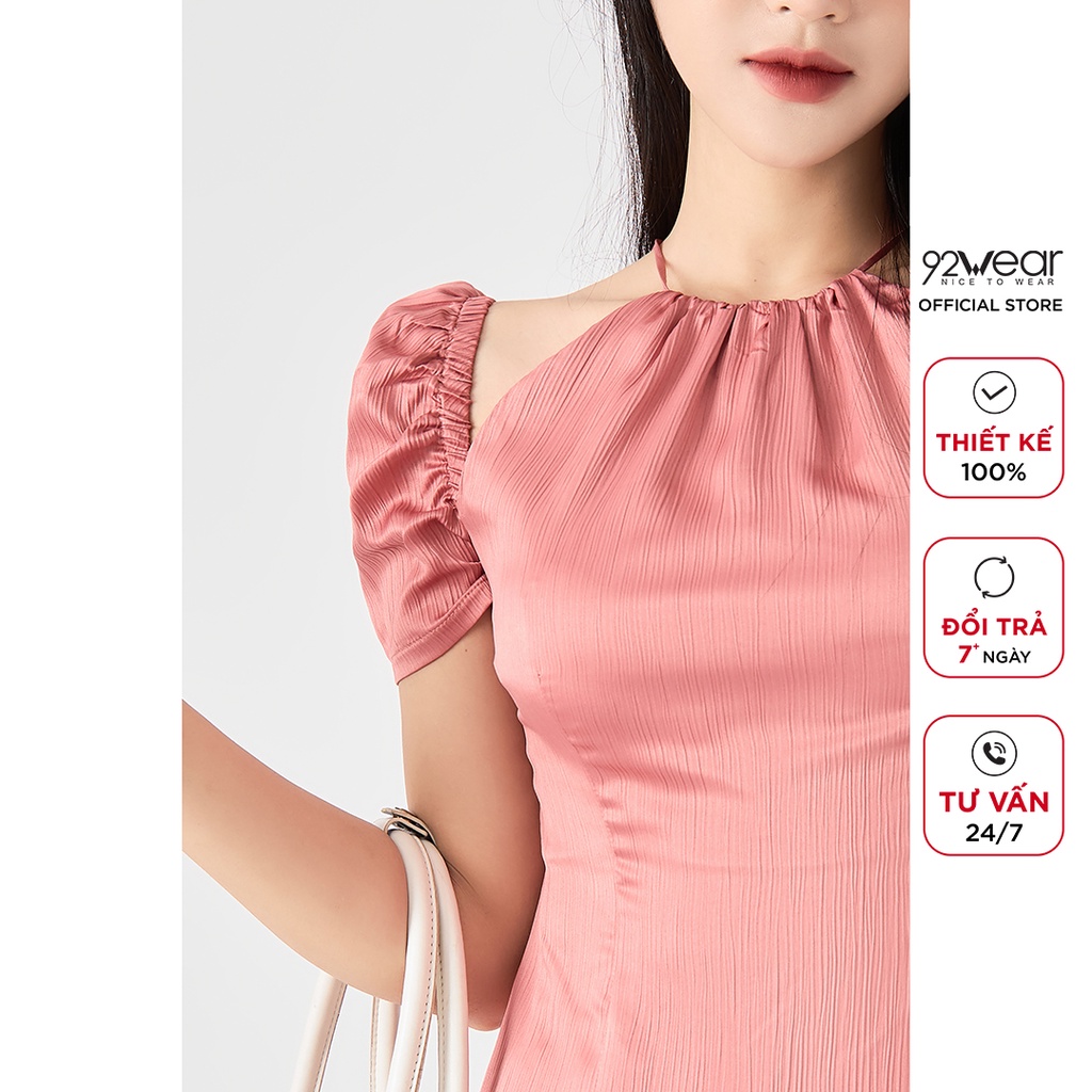 Áo sơ mi nữ ngắn tay cổ yếm 92WEAR, thiết kế tiểu thư nhẹ nhàng, chất liệu lụa gân cao cấp ASA2030
