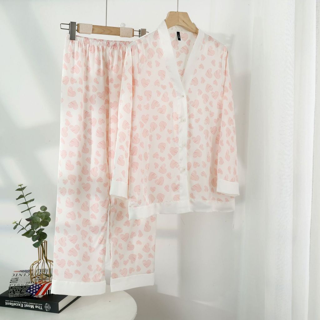 Bộ Đồ Ngủ Vải Lụa Lạnh Cổ Chữ V In Họa Tiết Thời Trang Mùa Hè Cho Nữ