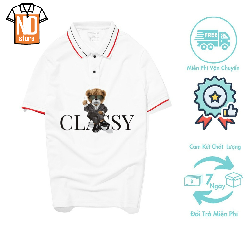 Áo Polo Nam, Áo Thun Nam Có Cổ, Màu Đen-Trắng, Chất Liệu Cotton, In Hình Gấu Thời Trang, Trẻ Trung, Nhật Duy Store
