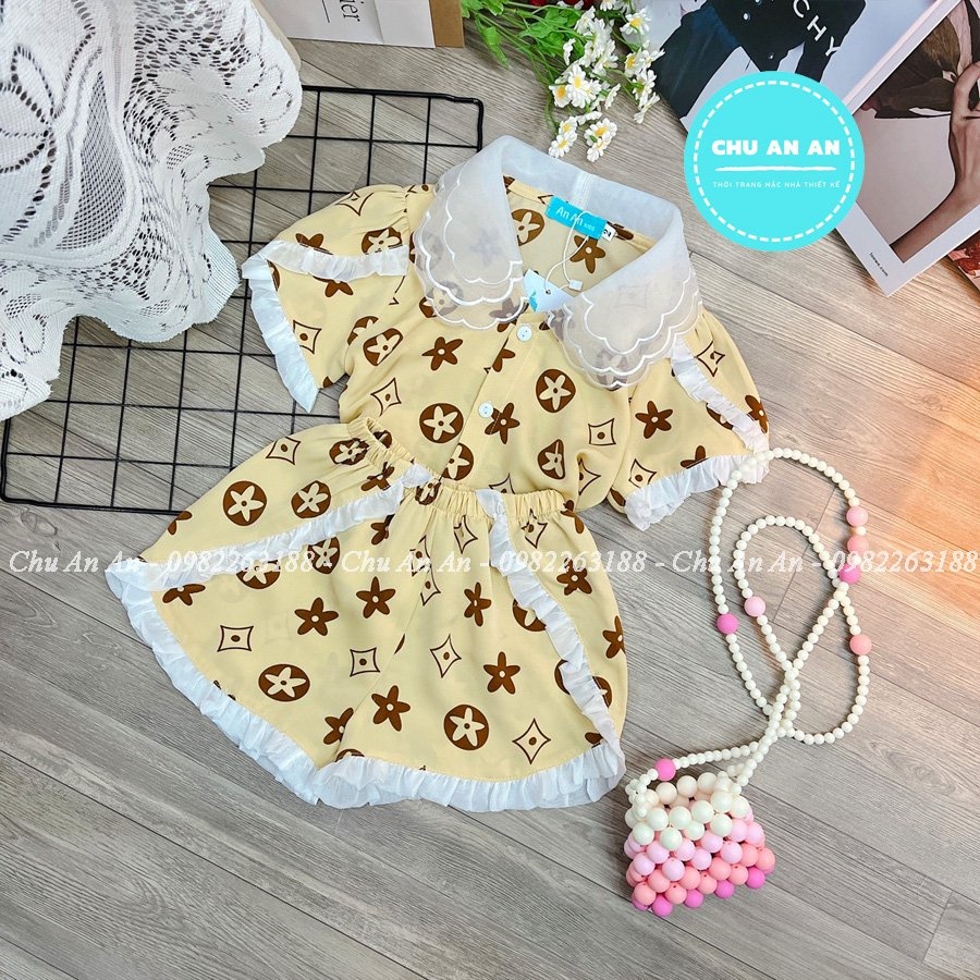 Set Pijama Lụa Mango Phối Cổ Ba Lá Hàng Thiết Kế Cao Cấp Tay Cộc .Bộ Ngủ Lụa Bé Gái Cao Cấp