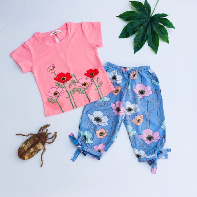 [MÃ THƯƠNG HIỆU YEU THÍCH Voucher giảm 10%] Bộ Đồ Áo Thun Cotton Quần Lửng Hoa Bé Gái BabyBean