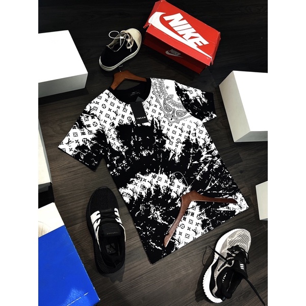 Áo Phông Nam Lv cao cấp Was sơn full áo - Áo Thun Quảng Châu lv in chữ toàn thân 2 màu trắng đen