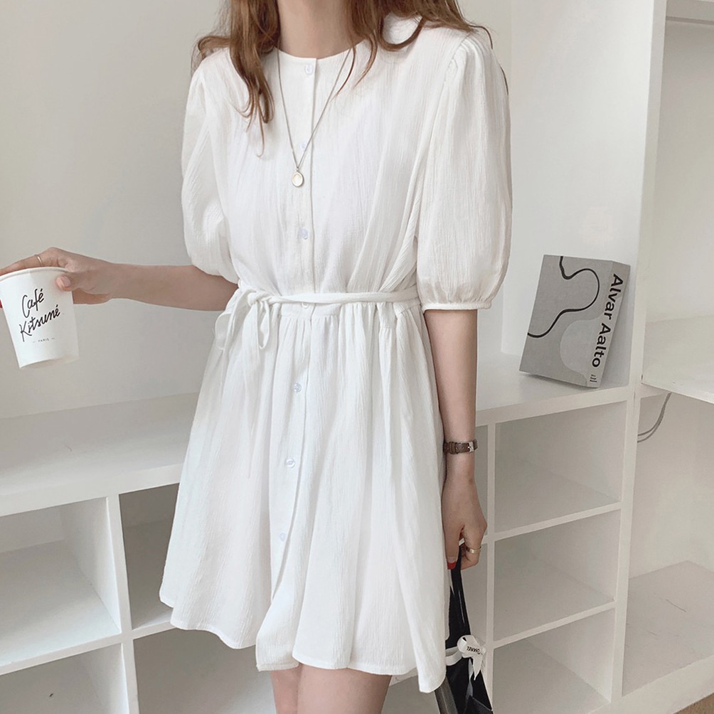 Đầm tay phồng cổ tròn màu trơn xinh xắn cho nữ 34980