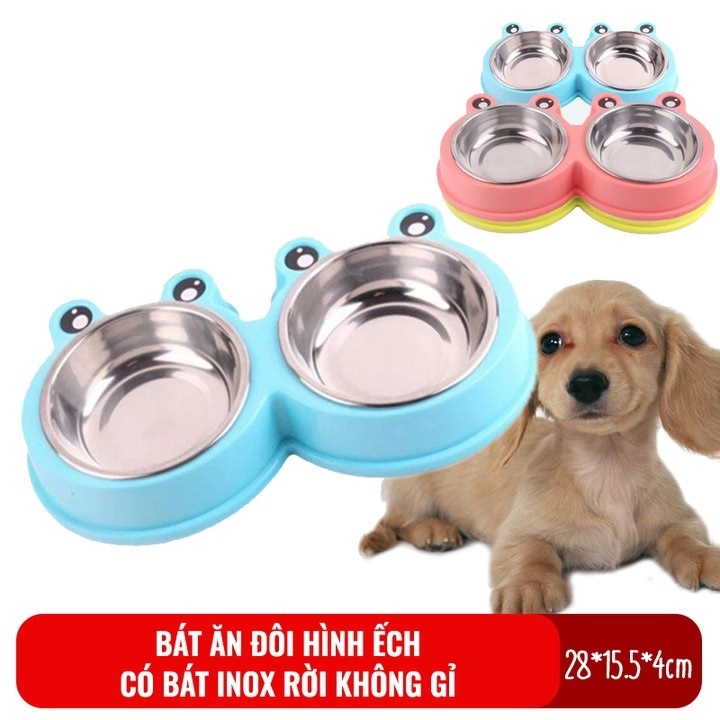 Bát ăn đôi inox cho chó mèo hình ếch, bát ăn 2 ngăn cho thú cưng lõi inox siêu bền, dễ vệ sinh - ZIPPOPET