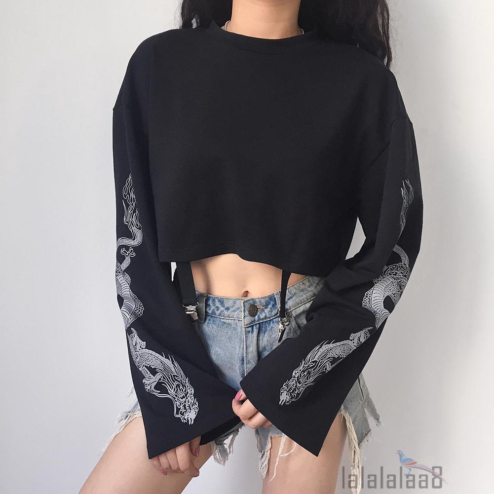 Áo Croptop cổ tròn tay dài in họa tiết rồng cá tính