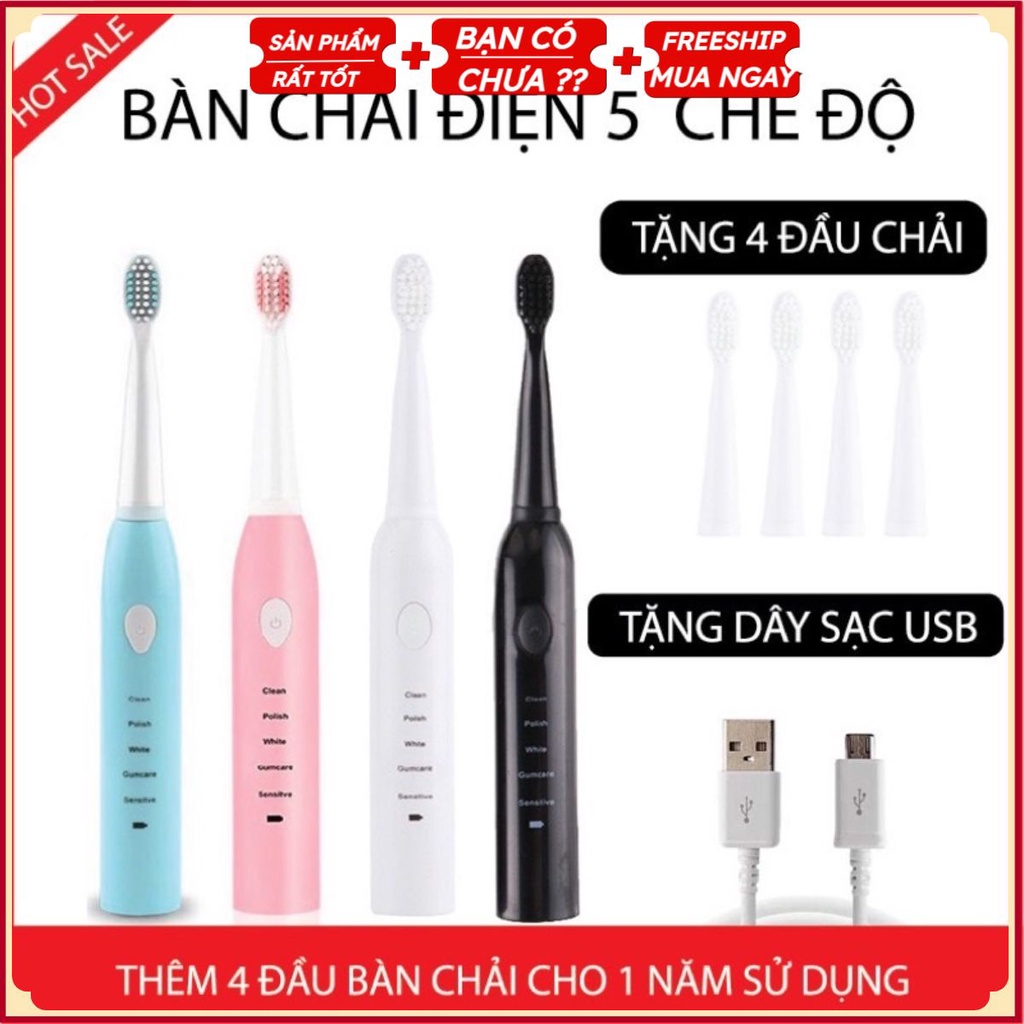(TẶNG 4 ĐẦU CHẢI) Bàn Chải Điện Đánh Răng Tự Động 5 Chế Độ, Bàn Chải Đánh Răng Điện Làm Trắng Chăm Sóc Răng BH 12 Tháng