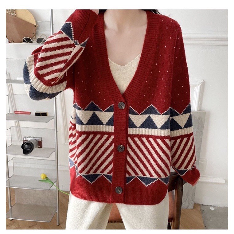 Áo cardigan len thổ cẩm Junnie Closet Áo choàng họa tiết phong cách Hàn Quốc