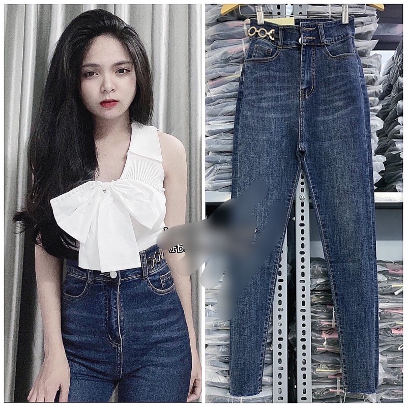 Quần jeans ôm body dài phối xích Siêu Cao - T130