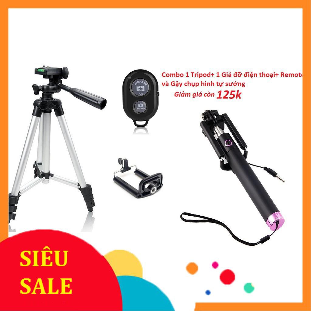 Combo 3 món chân đế chụp hình Tripod TF-3110+kẹp điện thoại+remote bluetooth tặng 1 Gậy tự sướng