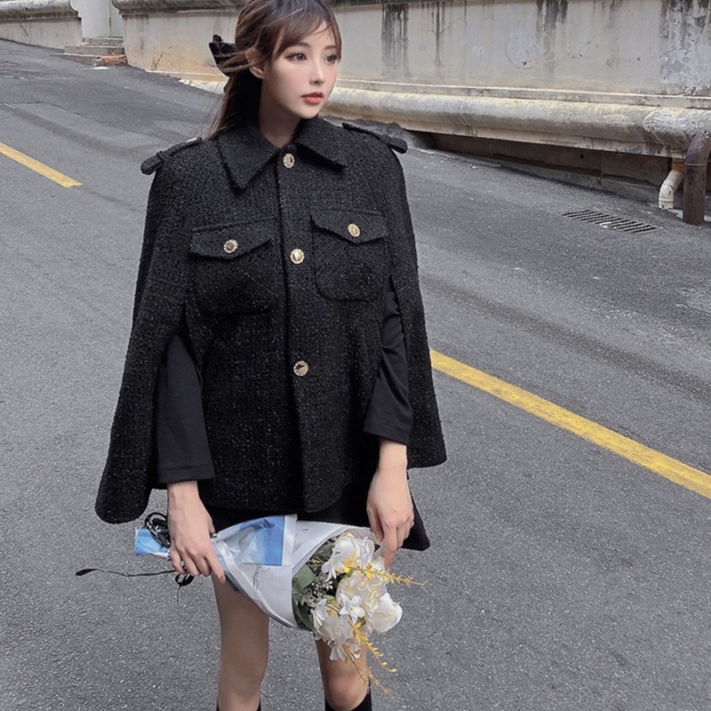 ✘◙✙Áo khoác len thô đen phong cách Hepburn dành cho nữ dáng rộng và mỏng, choàng nhỏ thu đông dày dặn ་