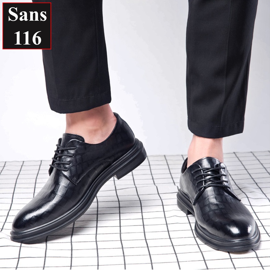 Giầy tây nam tăng chiều cao 6cm Sans116 giày derby công sở đen độn đế buộc dây cao cấp chú rể đám cưới mặc vest