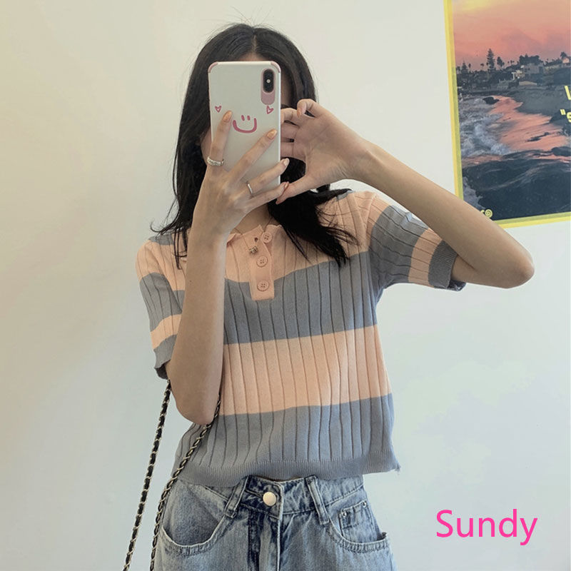 Áo Croptop Kẻ Sọc Xinh Xắn Phong Cách Hàn Quốc Cho Nữ