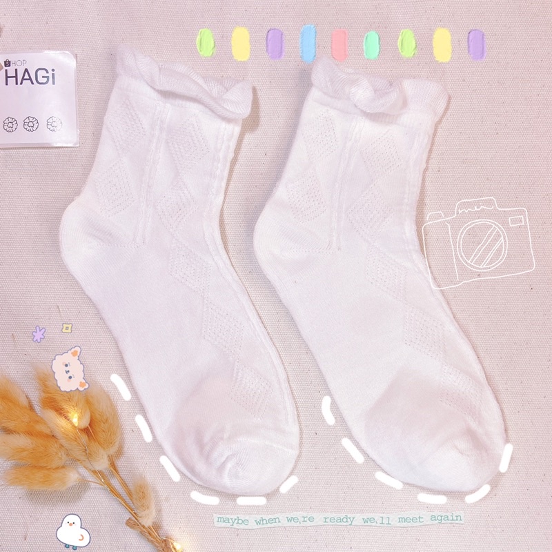 Set 5 Đôi Tất nữ Vintage Full Trắng Phối Ren Hoạ Tiết Dễ Thương Phong cách Hàn quốc Học sinh Sinh Viên