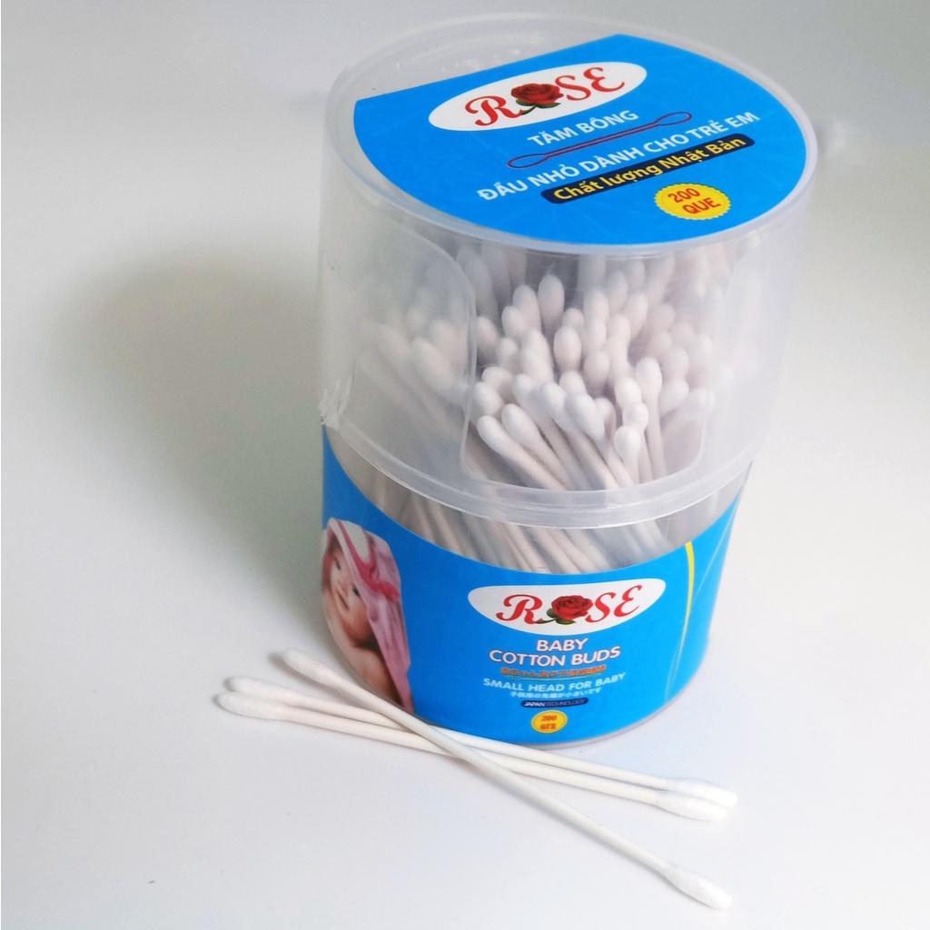 Tăm bông trẻ em sơ sinh ROSE kháng khuẩn đầu bông nhỏ, hộp 200 que lõi giấy, công nghệ Nhật Bản