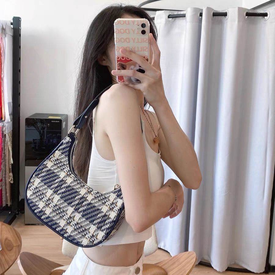 Oeteo Túi Xách Đeo Vai Vải Bạt Họa Tiết Kẻ Sọc Có Khóa Kéo Cho Nữ