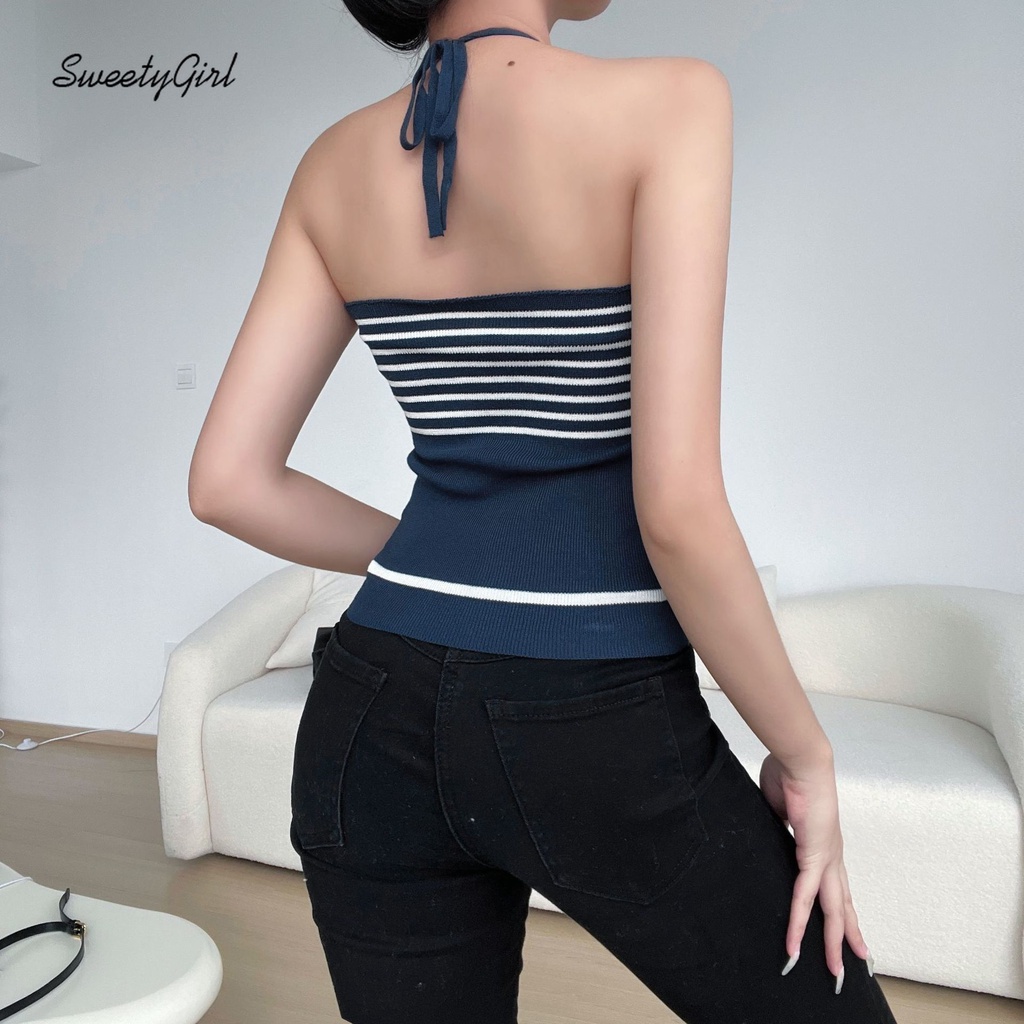 Áo Tank Top Hai Dây Cổ Chữ V Họa Tiết Kẻ Sọc Màu Tương Phản Thời Trang 2022 Cho Nữ